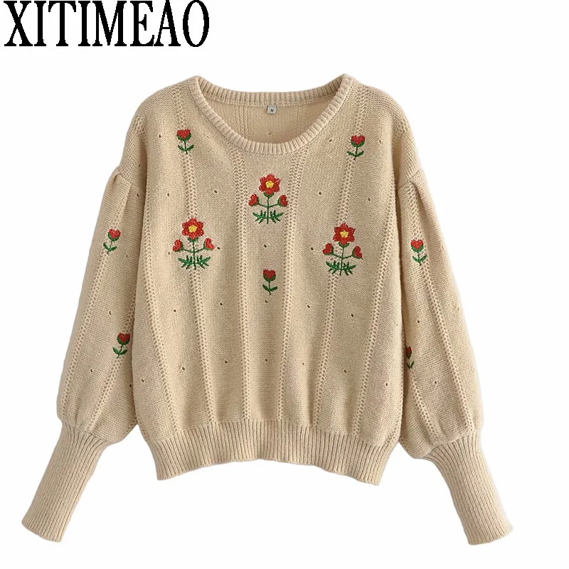 

Женский свитер XitimeaoZa с круглым вырезом и цветочной вышивкой, с длинным рукавом, Свободный Вязаный топ в стиле ретро, Женский шикарный свитер