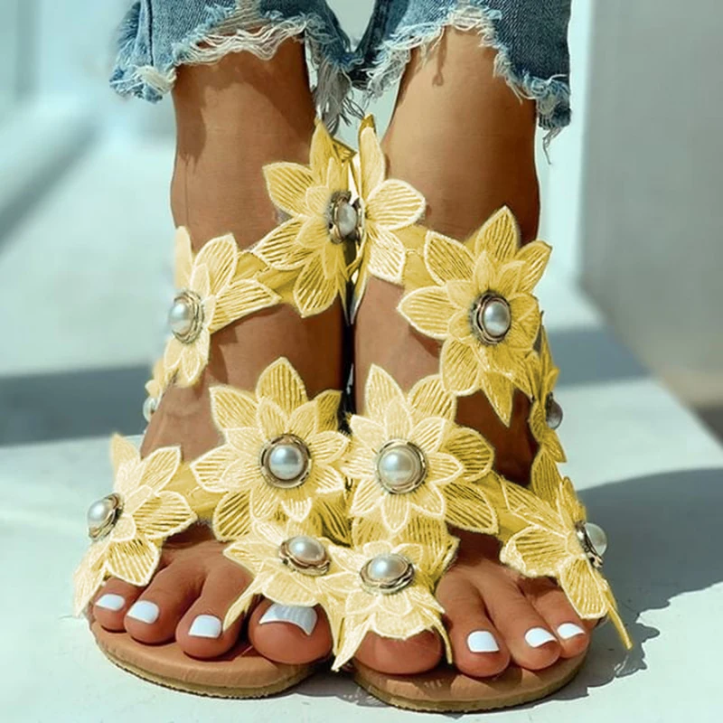 

Bohemian Sandals Women's Summer Footwear Fashion Casual Floral Pearl Flat Sandals Toe Ring Beach Shoes Sandal Zapatos De Mujer