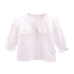 Детская блузка, рубашка, детская одежда, блузка для девочек, с расклешенными рукавами, однотонная белая кружевная Лоскутная рубашка с круглым воротником и пуговицами для девочек