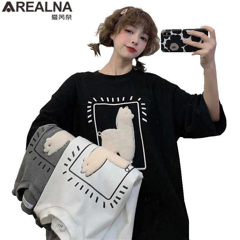 

Cartoon Alpaca Animal Printed Casual Loose Oversize Tshirt Korean Style 2021 Summer Short Sleeve Women Top Female Black T-shirts
