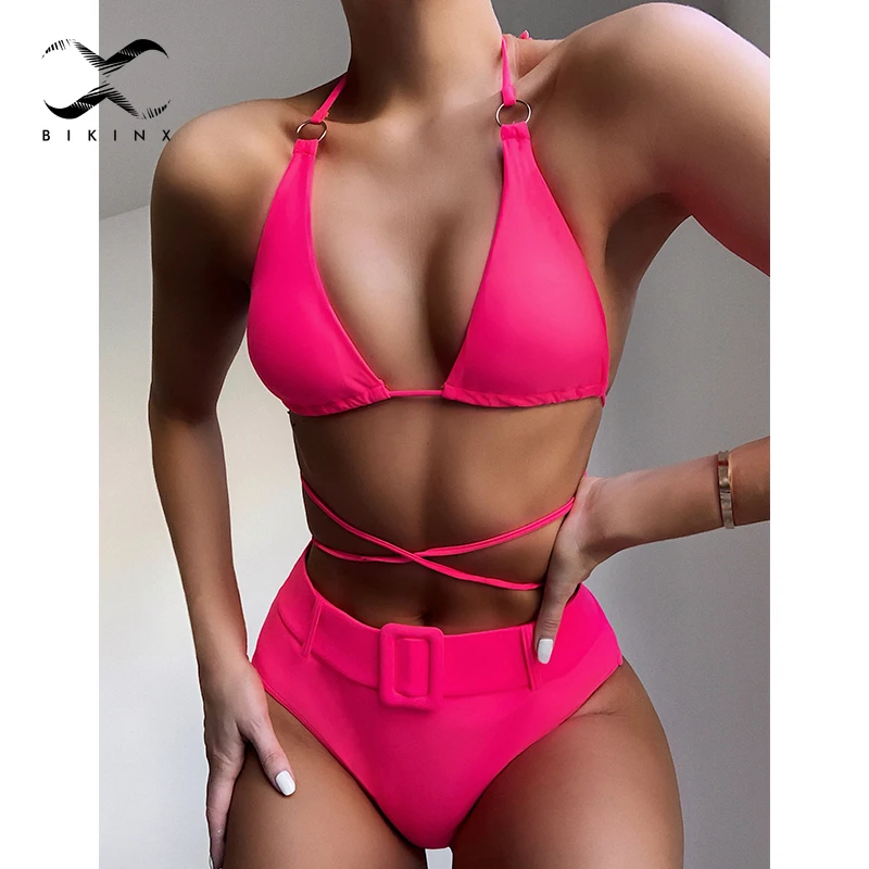 Neon pink two pieces bikini set High waist bathing suit Halter swimwear women String bandage swimsuit female biquini 2020 new | Спорт и