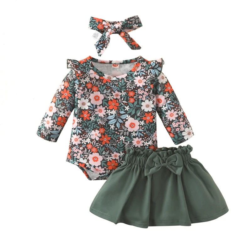 

3 Pcs Baby Girl Skirt Set, Floral Long Sleeve Round Neck Romper Elastic Waist Bow Knot Solid Color Skirt with Headband