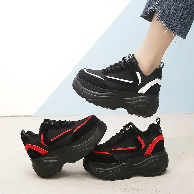 

Winter High Platform Sneakers Women 7CM Thick Bottom Dad Shoes Height Increased Chunky Casual Shoes Warm Plush Leisure Shoes