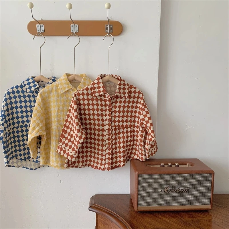 

2021 Children's Cotton 3-color Plaid Shirt for Boys and Girls Autumn Loose Long-sleeved Shirt Top