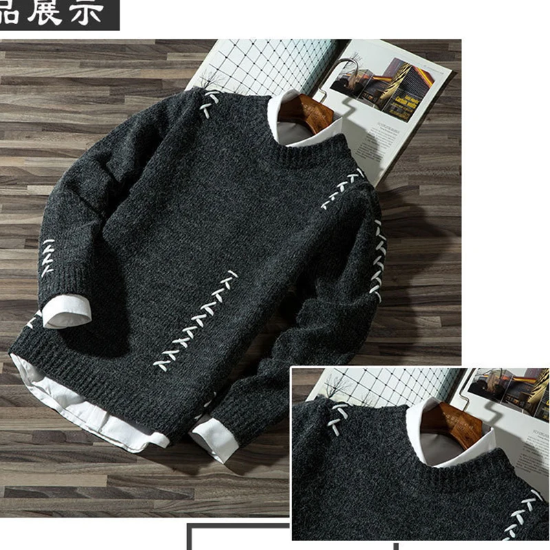 

Manoswe Casual Long Sleeve Autumn Winter Sweater Men Korean Style Slim Knitted Blue Sweater Pullover Jumper Fashion Christmas