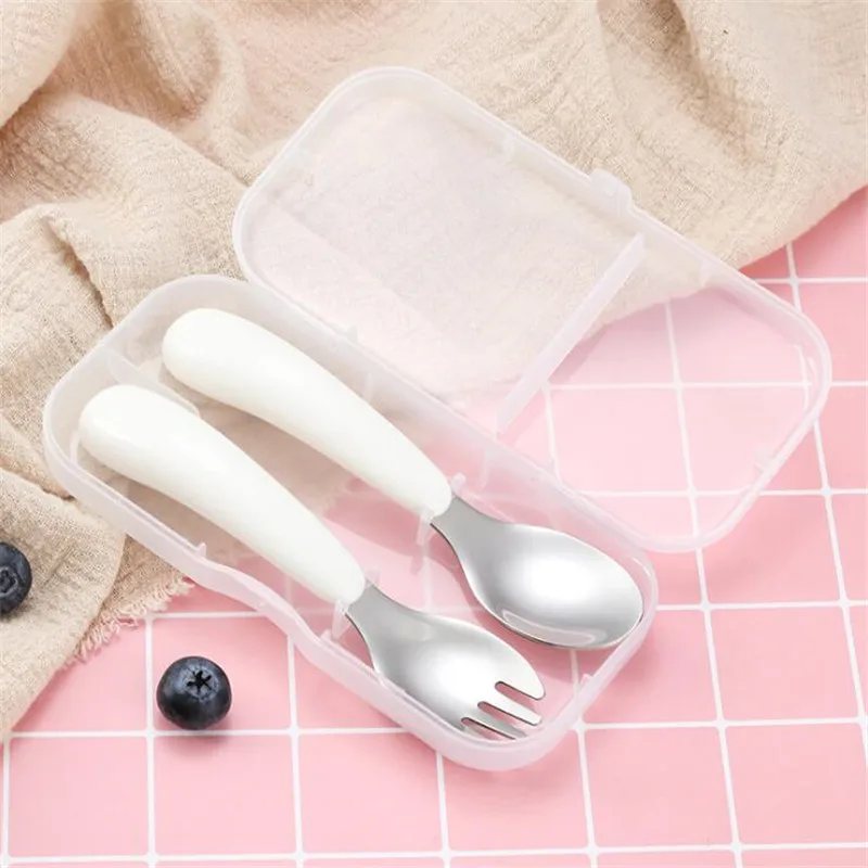 

2pcs/lot Baby Feeding Spoon Fork Set Stainless Steel Toddler Infant Tableware Flatware Kids Cutlery with Ant-Dust Box