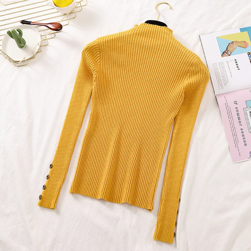 

2020 Ladies Autumn Knitted Slim Jersey Sweaters for Women Cotton Soft Elastic Jumper Pullovers Button Long Sleeve Stand Collar