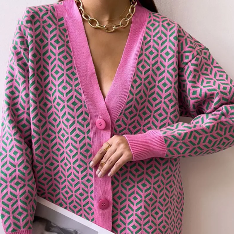 

Women Plaid Cardigan Sweater 2021 Autumn New Popular Retro French Female Loose Knitted Cardigan Length Sweater Jacket Za Knited