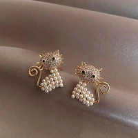 cute animal stud earrings for women cat simulated pearl earring kitten horse bird rhinestone earring girl party birthday jewelry
