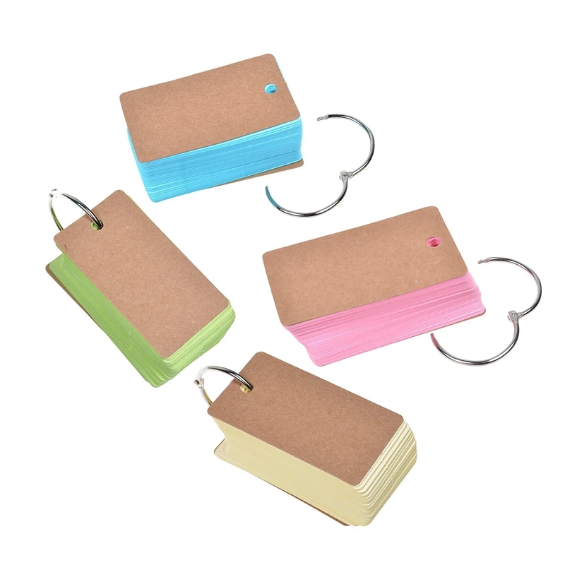 2 PCS Binder Ring Easy Flip Flash Cards Study 100 Unruled Blank Pages (Pink+Yellow & Blue+Green) |