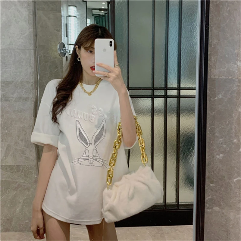 

2021 Summer New Style Rabbit Hot Rhinestone Embossed Western Style Short-sleeved T-shirt Mid-length Korean Style Blouse Women