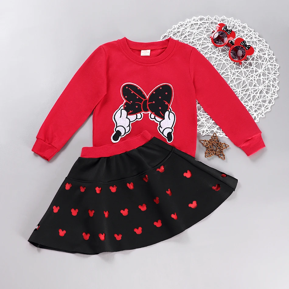 

Minnie Clothing Sets For Girls Autumn Outerwear Disney Minnie Cartoon Print Clothes Set Girls Cotton Pullover+Skirt 2pcs Clothes