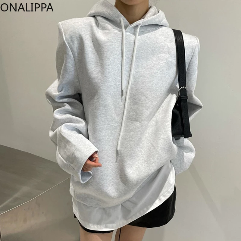 

Женский простой пуловер Onalippa на завязках с капюшоном, свободный Однотонный свитер с длинными рукавами во французском стиле на раннюю осень ...