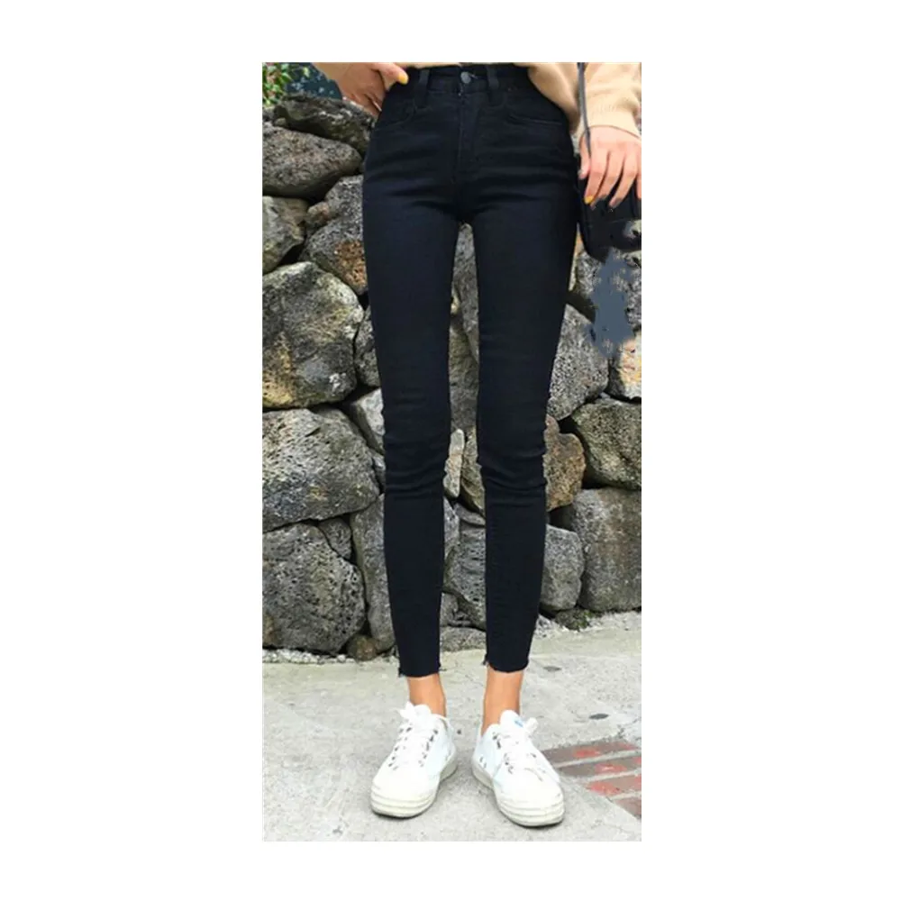 Новые корейские облегающие эластичные брюки с высокой талией черные флисовые