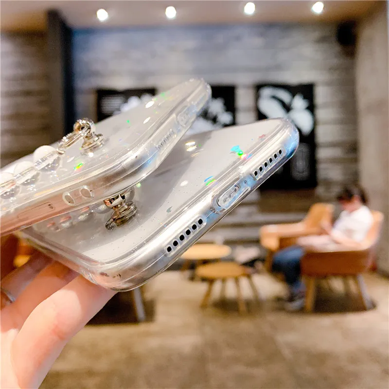 

For Samsung Galaxy Note 20 10 Pro Ultra S20 S10 S9 Plus Cute Bear Bracelet Transparent Glitter Protective Shell Cover Phone Case