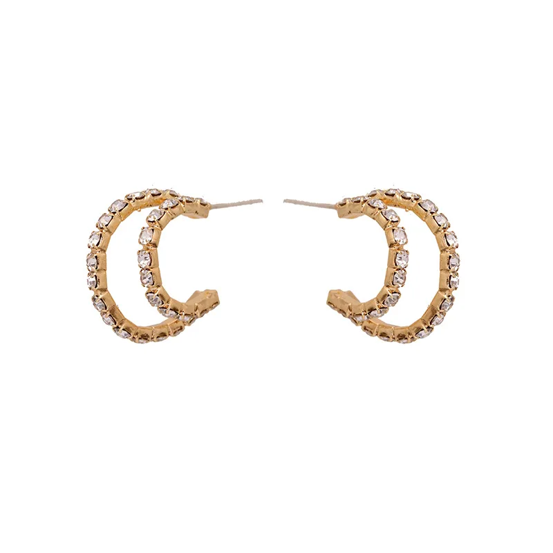 

2020 New Double-layer Semi-curved Simple Earrings for Women Girls Rhinestone Temperament Earring Party Wedding Jewelry Gifts