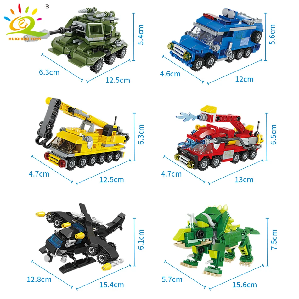 

HUIQIBAO 6in1 City Town Building Blocks Fire Fight Police Engineering Tank Truck Car Dinosaur Bricks Set Children Toys KIDS GIft