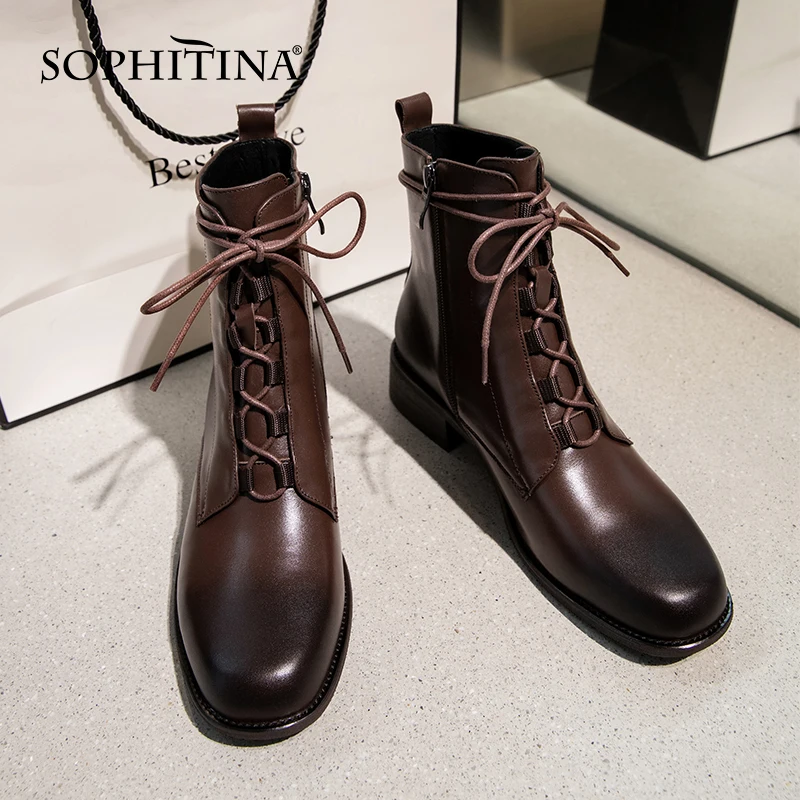 Murah Sepatu Bot Pergelangan Kaki Kasual SOPHITINA Sepatu Bot Kerja Kantor Bertumit Rendah Ujung Bundar Berenda Kulit Sapi Buatan Tangan Sepatu Wanita Musim Semi/Musim Gugur SO773