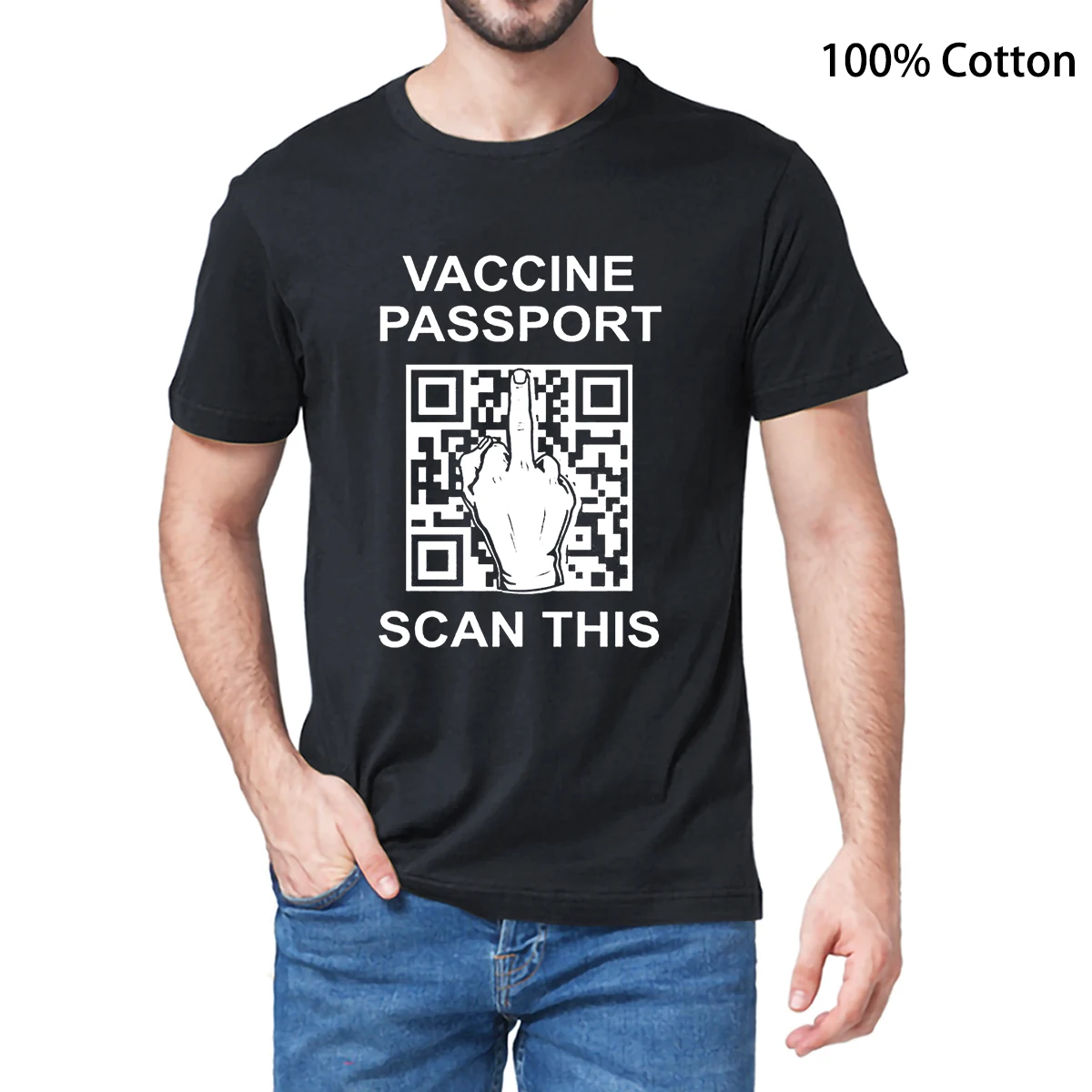 

Unisex 100% Cotton Vaccine Passport Scan This Tee Anti Vaccination Men's Novelty T-Shirt Women Casual Breathable Fitness Shirt