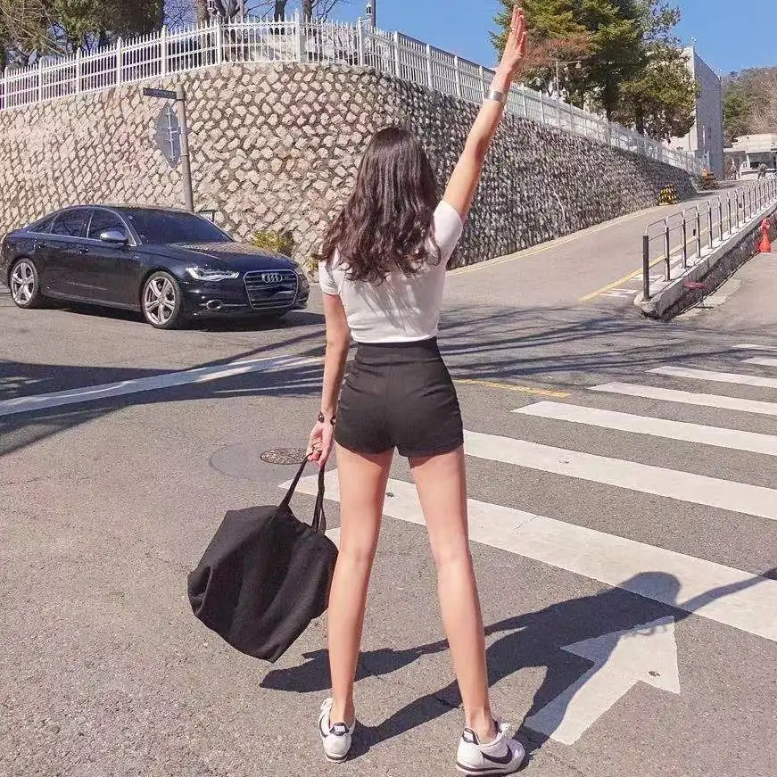 

2021 women's summer Korean white tights High Waist Shorts stretch hot pants all over show thin yoga dance a-pants