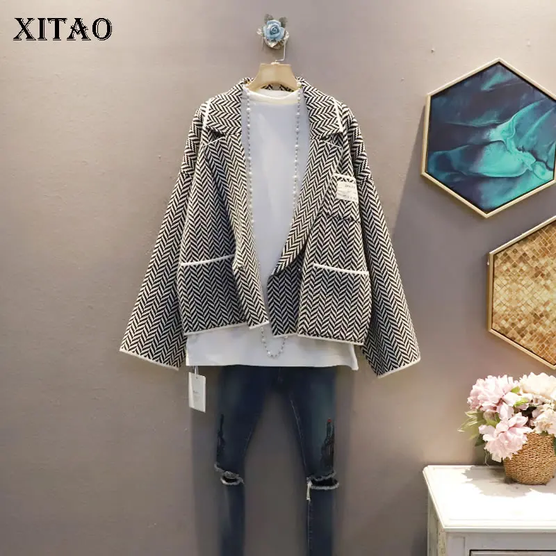 

XITAO, новинка, Женская куртка, модная, контрастный цвет, в клетку, в полоску, с рисунком, свободное, темпераментное, короткое пальто, 2021, осень, з...