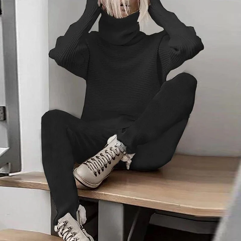 

2021 Autumn Knit Rib Two-Piece Set For Women Casual Long Sleeve Tops And Long Pant Ladies Elegant Solid Turtleneck Leisure Suits