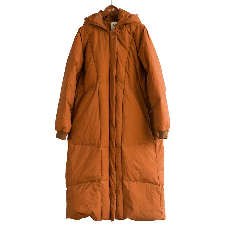 

YNZZU Vintage 2019 Winter Women's Down Jacket Solid Long 90% White Duck Down Coat Hooded Thicken Warm Ladies Loose Outwear A1340