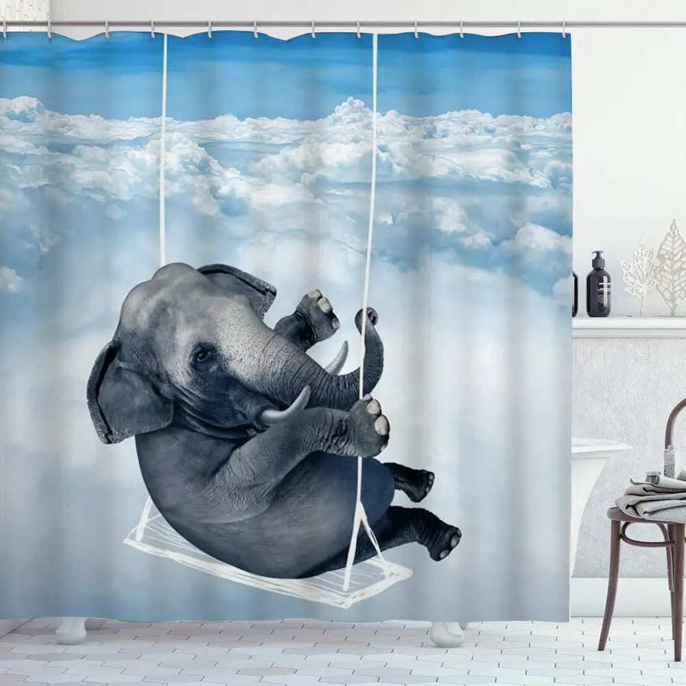 

Занавеска для душа со слоном Сказочный Африканский слон качающийся в небе Волшебная природная сцена из полиэстера Водонепроницаемая Ванна