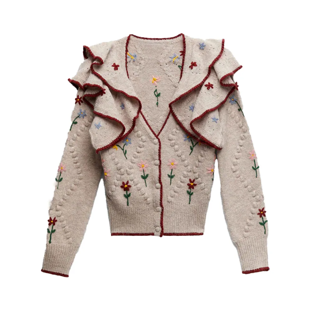 

2021 Za Women Early Autumn New Fashion Laminated Decoration Cardigan Sweater Vintage Long Sleeve Female Outerwear Chic Tops