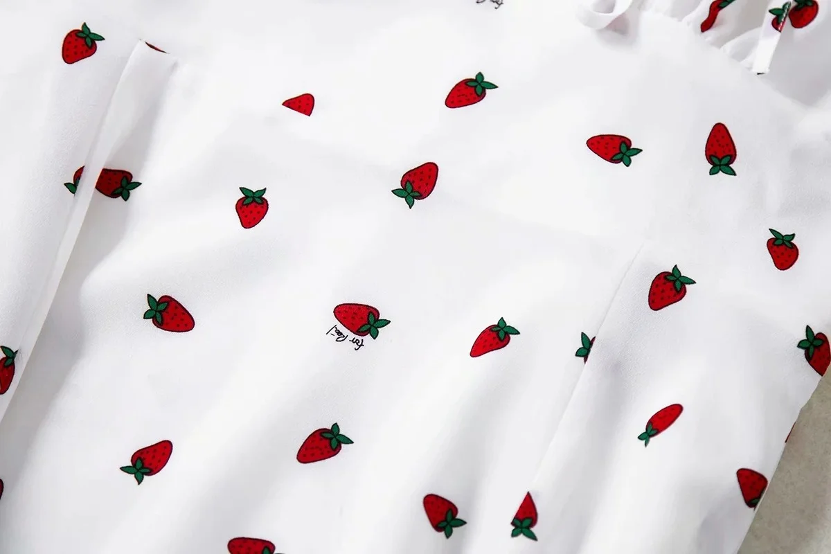 

French Strawberry Print Suspender Dress 2021 Woman Sexy Summer Dress White with Drawstring High Waist Sleeveless Spaghetti Strap