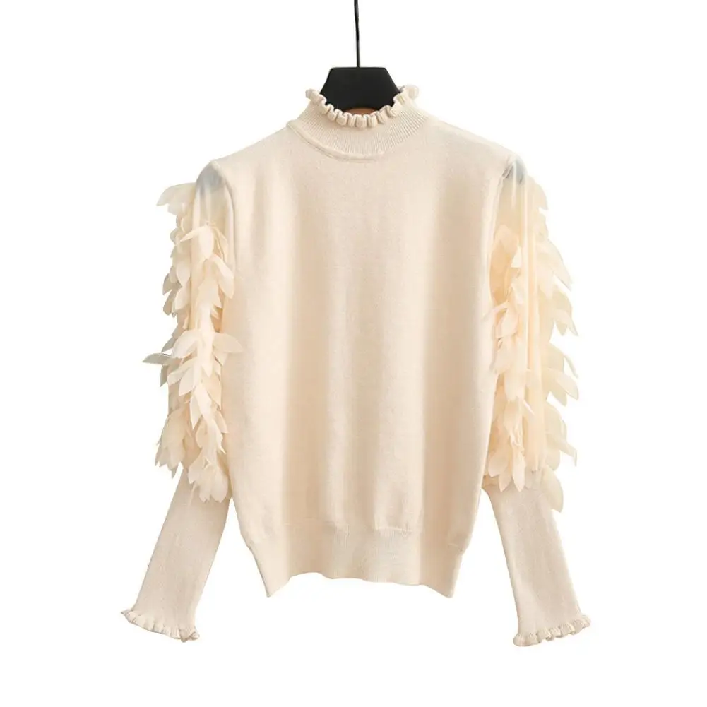 

Women Solid Color Ruffled Mock Neck Long Petal Puff Sleeve Knit Pullover Sweater женские свитера