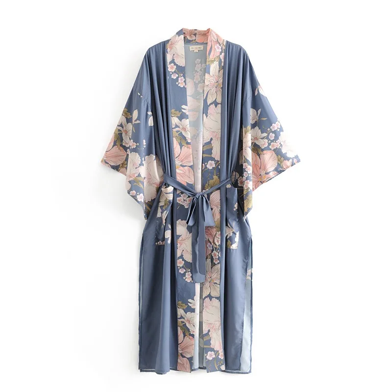 

Zoulv 2021 Lacing up Sashes Long Cardigan Loose Blouse Tops femme Bohemian V neck Peacock Flower Print Long Kimono Shirt Ethnic