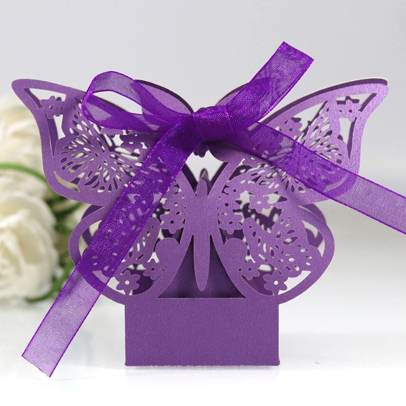 50pcs Laser Cut Butterfly Shape Carriage Favor Gifts Candy Boxes With Ribbon Baby Shower Wedding Birthday Party Decoration | Дом и сад