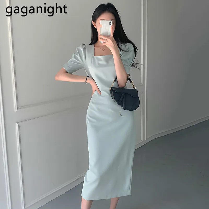 Женское платье макси Gaganight однотонное облегающее с коротким рукавом и квадратным