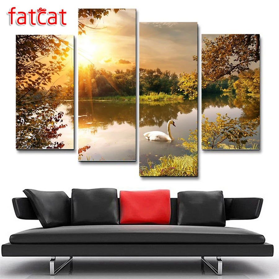 

FATCAT 4 Piece Sunset swan lake Diy Diamond Painting Full Square Round Drill Diamond Embroidery Animals 5D Needlework AE1176