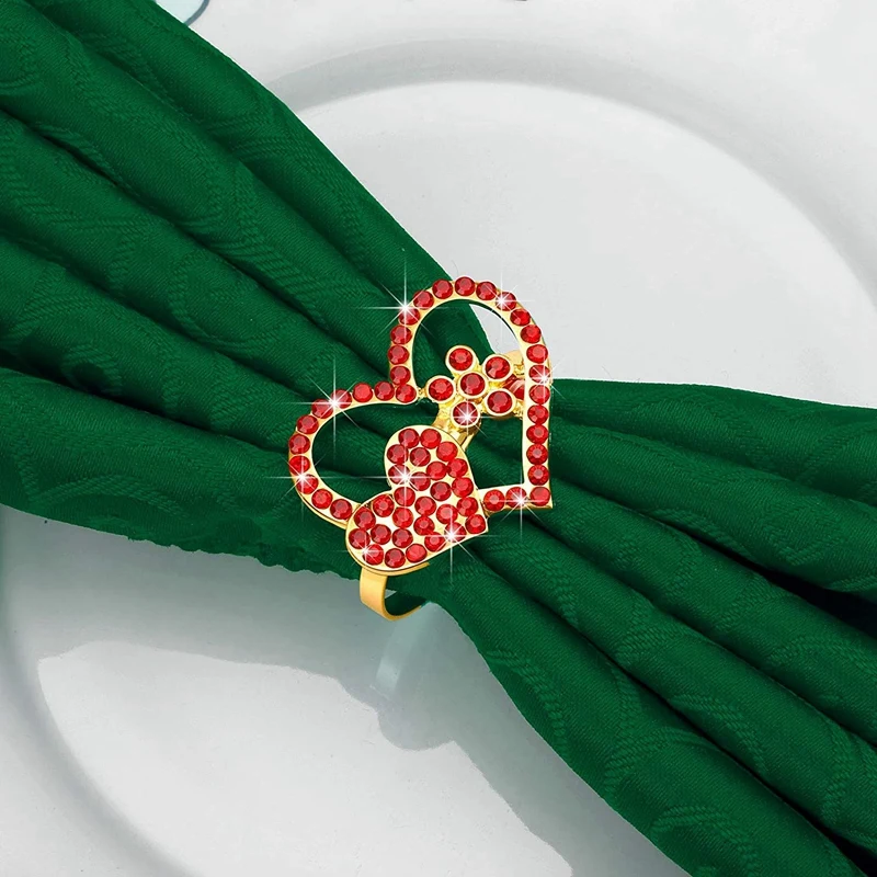 

Set of 8 Napkin Ring Holder Metal Heart Shaped Napkin Ring for Wedding Table Decor Valentine's Day (Gold with Red)