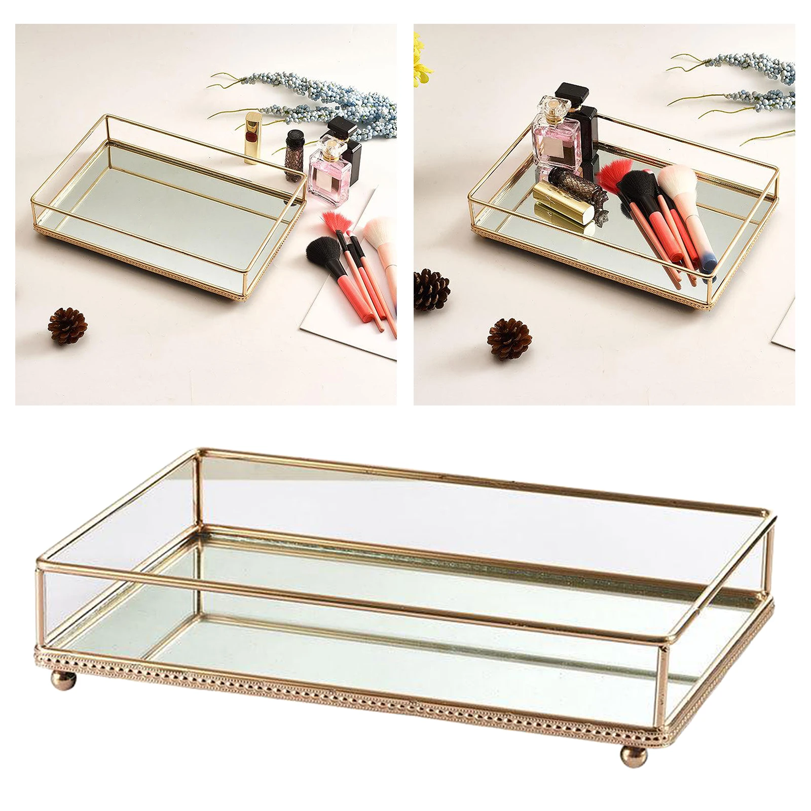 

Glass Makeup Organizer Storage Dressing Table Makeup Cosmetic Organizer Box Mirrored Vanity Dresser Vanity Tray Jewelry Plate