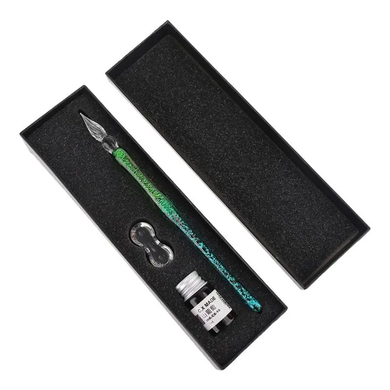 

Gradient Starry Sky Glass Fountain Dip Pen Holder Signature Ink Calligraphy Box J2HC