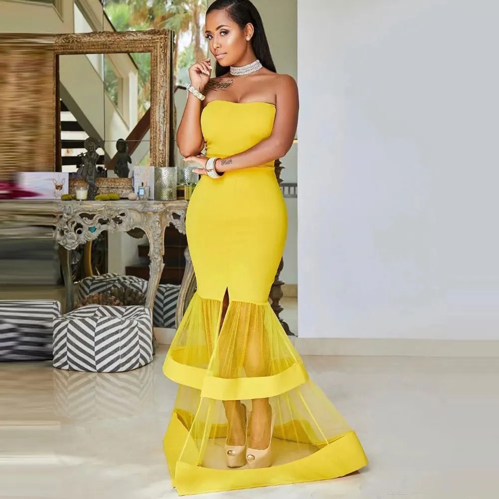 

Yellow Mermaid / Trumpet Net/Tulle Strapless Flouncing Floor length Sleeveless Front/Side Slit Layered Evening Dresses