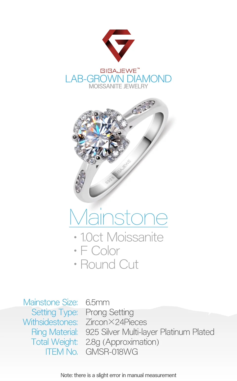 GIGAJEWE Moissanite кольцо 1.2ct VVS1 круглой огранки F цвет Лаборатория алмаз 925 серебряные ювелирные изделия символ любви женщина подружка Ухаживание подарок