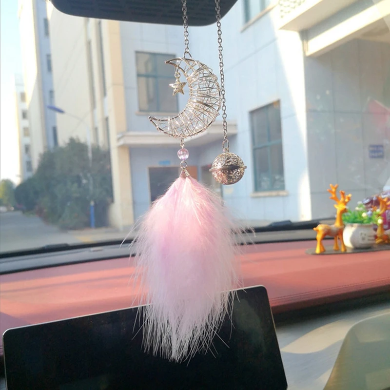 

Car Feather Moon Pendants For Girls Auto Creative Hollow Silver Feather Hanging Ornament Interior Decor Accessories