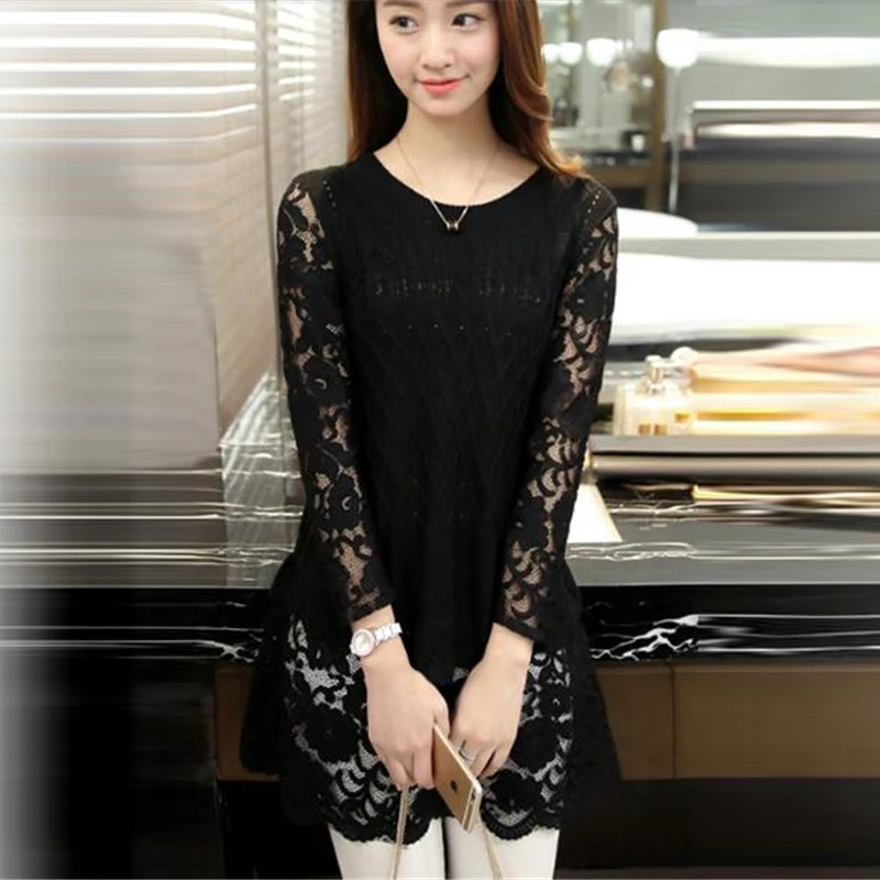 

Lace sweater autumn new women loose knit bottom shirt o neck large size casual tops female spring Medium length slim pullover