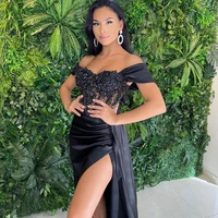 sexy black mermaid high split evening dresses gowns 2022 satin beaded elegant for women party night vestidos de fiesta de noche