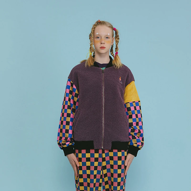 

Женская теплая зимняя куртка в клетку, фиолетовая Базовая куртка в стиле Харадзюку с цветными вставками и рукавами, 2019