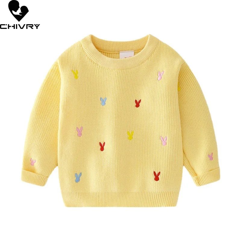 

New 2021 Baby Girls Pullover Knitted Sweater Autumn Winter Kids Fashion Rabbit Embroidery O-neck Jumper Sweaters Tops Clothing