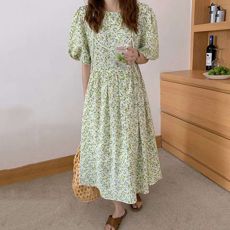 

2021 Summer French Vintage Dresses Women Slim Elegant Plearl Beading Dress Female Casual Holiday Party Vestido New Robe