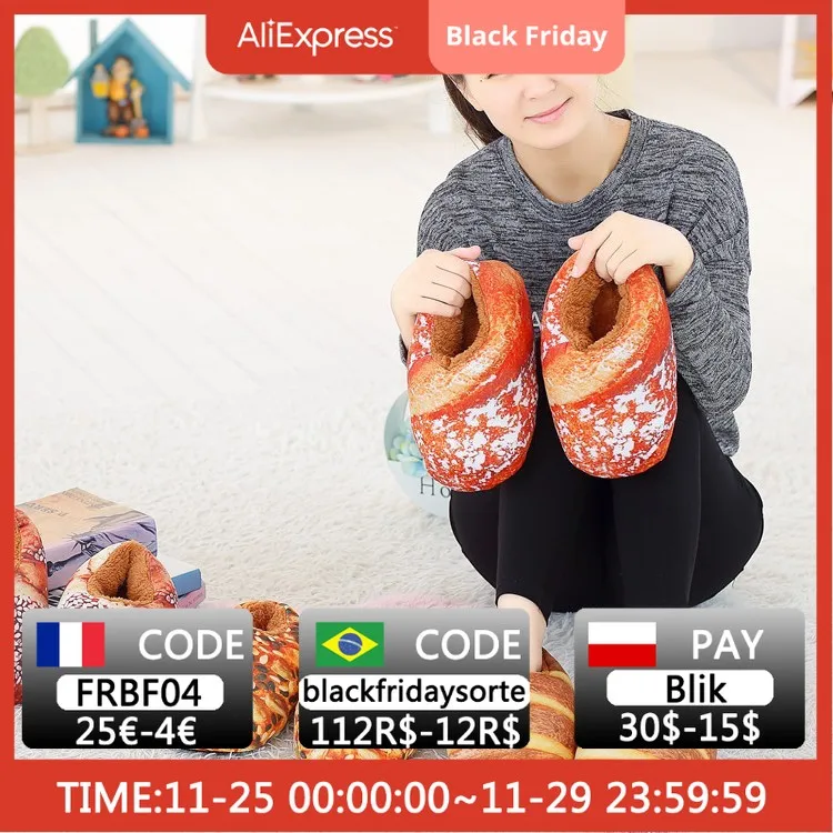 

Cute Simulation Bread Bag Root Shoes Plush Indoor Home Non-slip Slippers Butter Bread Warm Autumn and Winter Girl Shoes 12+y