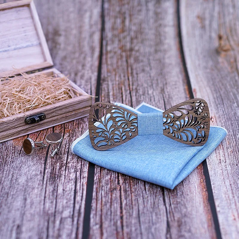 Linbaiway мужские полые резные деревянные бабочка Карманный платок запонки набор