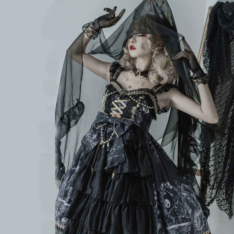

Платье JSK в стиле японской Лолиты, готическое праздничное платье принцессы с драконом, ведьмой, в стиле темных панк, винтажное платье в викто...
