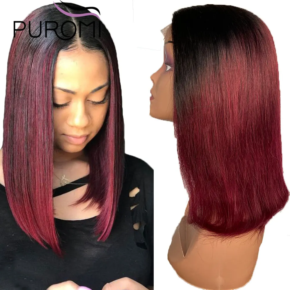 

Puromi Straight Human Hair Wigs 4x4 Lace Closure Short Bob Wig 1B 99J Malaysia Non-Remy Lace Closure Human Hair 150% Density